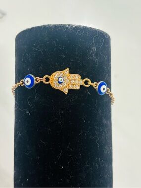 Gold Hamsa Hand & Blue Evil Eye Chain Bracelet Protection Rhinestone